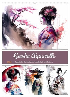 Geisha Aquarelle - Japanische Kulturdamen, Landschaft und Sakura (Wandkalender 2024 DIN A2 hoch), CALVENDO Monatskalender