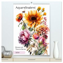Aquarellmalerei - Blumen und Tiere im Garten (hochwertiger Premium Wandkalender 2024 DIN A2 hoch), Kunstdruck in Hochglanz