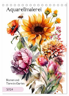 Aquarellmalerei - Blumen und Tiere im Garten (Tischkalender 2024 DIN A5 hoch), CALVENDO Monatskalender