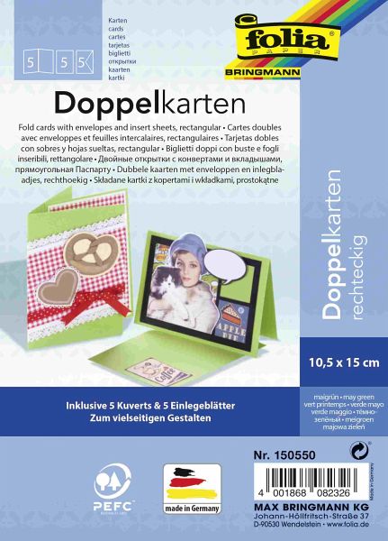 Folia Klappkarten 220g/m², 10,5x15cm, 5 Karten&Kuverts&Einlagen, maigrün Folia Klappkarten 220g/m², 10,5x15cm, 5 Karten&Kuverts&Einlagen, maigrün
