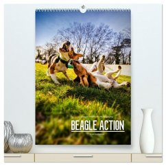 Beagle Action - Wilde Kuscheltiere (hochwertiger Premium Wandkalender 2024 DIN A2 hoch), Kunstdruck in Hochglanz