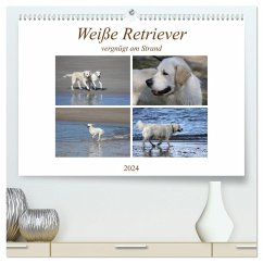 Weiße Retriever vergnügt am Strand (hochwertiger Premium Wandkalender 2024 DIN A2 quer), Kunstdruck in Hochglanz - Schnellewelten