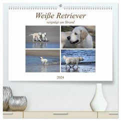 Weiße Retriever vergnügt am Strand (hochwertiger Premium Wandkalender 2024 DIN A2 quer), Kunstdruck in Hochglanz