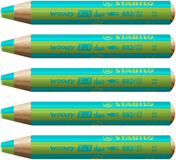 Duo Buntstift, Wasserfarbe & Wachsmalkreide - STABILO woody 3 in 1 duo - zweifarbige Mine - 5er Pack - türkis/hellgrün Duo Buntstift, Wasserfarbe & Wachsmalkreide - STABILO woody 3 in 1 duo - zweifarbige Mine - 5er Pack - türkis/hellgrün