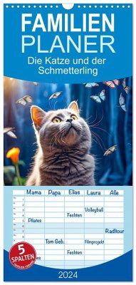 Familienplaner 2024 - Die Katze und der Schmetterling mit 5 Spalten (Wandkalender, 21 x 45 cm) CALVENDO