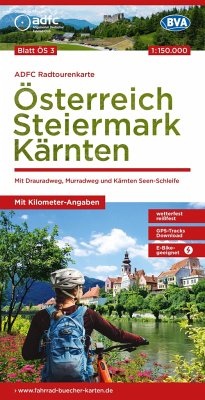 ADFC-Radtourenkarte ÖS3 Österreich Steiermark Kärnten 1:150:000, reiß- und wetterfest, E-Bike geeignet, GPS-Tracks Download, mit Bett+Bike Symbolen, mit Kilometer-Angaben