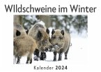 WIldschweine im Winter (Wandkalender 2024, Kalender DIN A4 quer, Monatskalender im Querformat mit Kalendarium, Das perfekte Geschenk)