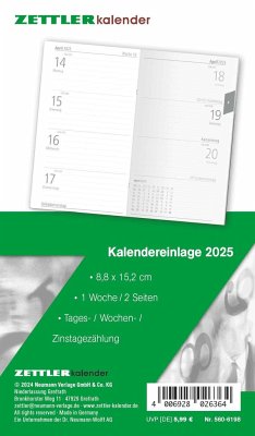 Kalender-Ersatzeinlage 2025 - für den Taschenplaner Typ 560 - 8,8x15,2 cm - 1 Woche auf 2 Seiten - separates Adressheft - Notizheft - 520-6198