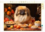 CALVENDO Puzzle Lieblicher Pekinese am herbstlich gedeckten Tisch   1000 Teile Lege-Größe 64x48cm Foto-Puzzle für glückl