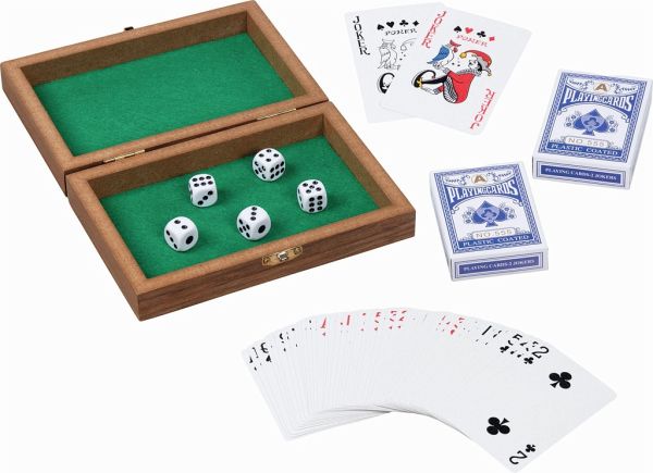 Goki 56308 - Spielkartenbox mit 5 Würfel und 2 Kartendecks á 54 Karten