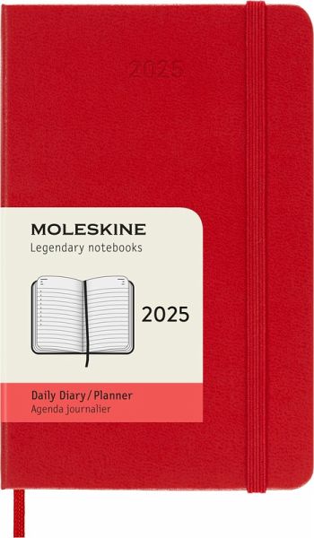 Moleskine 12 Monate Tageskalender 2025, Pocket/A6, 1 Tag = 1 Seite, Fester Einband, Scharlachrot