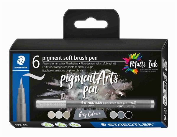 STAEDTLER Schreib- und Zeichbedarf pigment soft brush Fasermaler Grey Colours, 6er Set
