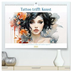 Tattoo trifft Kunst - Starke Tattoos treffen auf sanftes Aquarell (hochwertiger Premium Wandkalender 2025 DIN A2 quer), Kunstdruck in Hochglanz