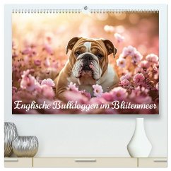 Englische Bulldoggen im Blütenmeer (hochwertiger Premium Wandkalender 2025 DIN A2 quer), Kunstdruck in Hochglanz - Calvendo;Bee, Ally