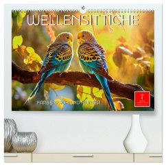 Wellensittiche farbenfroh und munter (hochwertiger Premium Wandkalender 2025 DIN A2 quer), Kunstdruck in Hochglanz