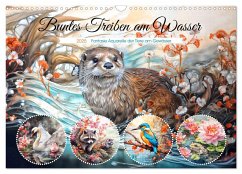 Buntes Treiben am Wasser - Fantasie Aquarelle der Tiere am Gewässer (Wandkalender 2025 DIN A3 quer), CALVENDO Monatskalender