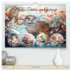 Buntes Treiben am Wasser - Fantasie Aquarelle der Tiere am Gewässer (hochwertiger Premium Wandkalender 2025 DIN A2 quer), Kunstdruck in Hochglanz - Calvendo;Frost, Anja