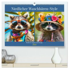 Niedlicher Waschbären-Style. Modisch, elegant und blumig (hochwertiger Premium Wandkalender 2025 DIN A2 quer), Kunstdruck in Hochglanz