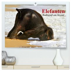 Elefanten. Badespaß am Strand (hochwertiger Premium Wandkalender 2025 DIN A2 quer), Kunstdruck in Hochglanz