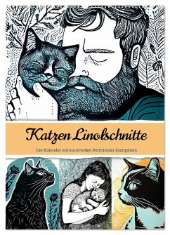 Katzen Linolschnitt - Der Kalender mit kunstvollen Porträts der Samtpfoten (Wandkalender 2025 DIN A2 hoch), CALVENDO Monatskalender