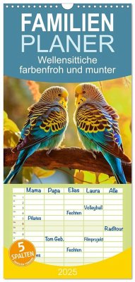 Familienplaner 2025 - Wellensittiche farbenfroh und munter mit 5 Spalten (Wandkalender, 21 x 45 cm) CALVENDO