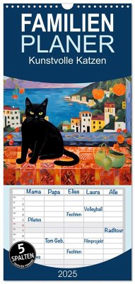 Familienplaner 2025 - Kunstvolle Katzen mit 5 Spalten (Wandkalender, 21 x 45 cm) CALVENDO