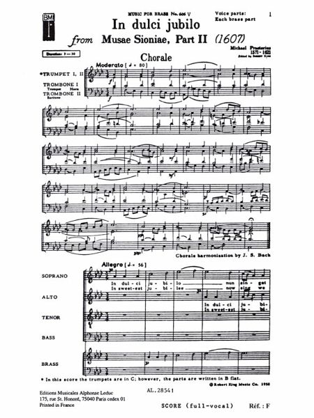 In dulci jubilo for mixed chorus,2 trumpets and 2 trombones score in C In dulci jubilo for mixed chorus,2 trumpets and 2 trombones score in C