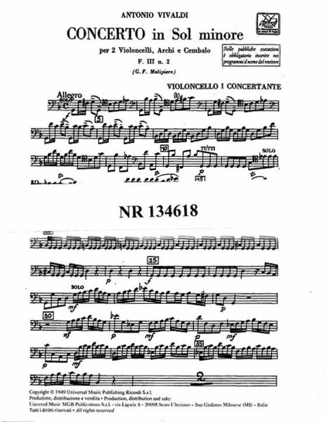 Concerto sol minore F.III:2 per 2 violoncelli, archi e cembalo Stimmensatz