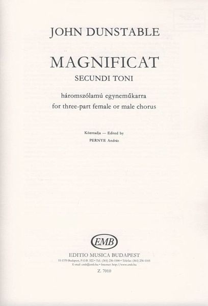 John Dunstable Magnificat Secundi Toni Für Dreistimmige Frauen- Upper Voices or Mixed Voices