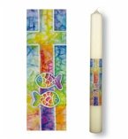 Taufkerze mit Druckmotiv - Kreuz und Fische