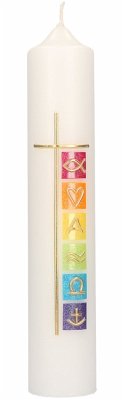 Cover Taufkerze mit Wachsmotiv - Christliche Symbole in Gold