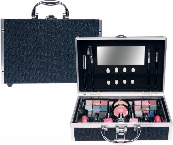 Casuelle Kosmetikkoffer mit blau schwarz glitzernen Oberfläche, 25 x 19 x 7,5