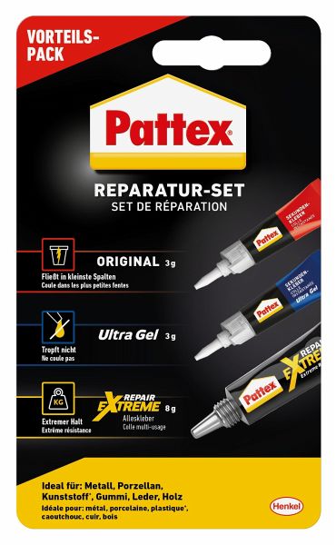 Pattex Reparatur-Set: Sekundenkleber Flüssig, Sekundenkleber Ultra Gel, Repair Extreme