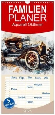 Familienplaner 2025 - Aquarell Oldtimer mit 5 Spalten (Wandkalender, 21 x 45 cm) CALVENDO