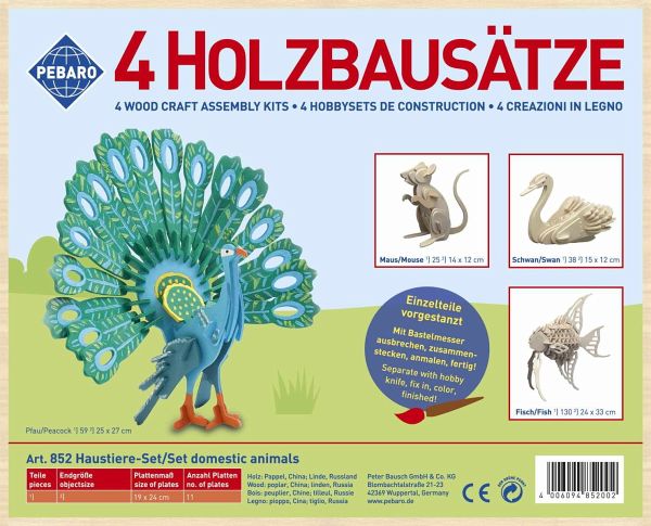 PEBARO 852 - Holzbausatz Haustier-Set, Pfau, Fisch, Maus, Schwan, 4 Holzkonstruktionen zum Zusammenstecken