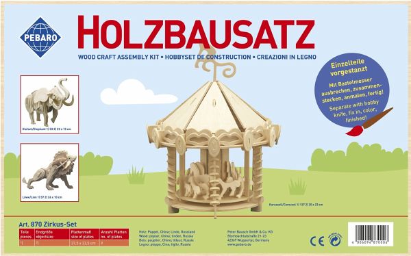PEBARO 870 - Holzbausatz Zirkus-Set, Löwe, Karussell, Elefant, 3 Holzkonstruktionen zum Zusammenstecken PEBARO 870 - Holzbausatz Zirkus-Set, Löwe, Karussell, Elefant, 3 Holzkonstruktionen zum Zusammenstecken