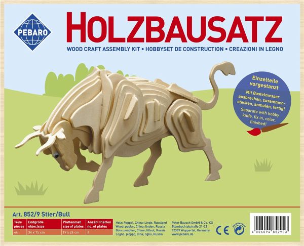 PEBARO 852/9 - Holzbausatz Stier, 44 Teile, Holzkonstruktion zum Zusammenstecken PEBARO 852/9 - Holzbausatz Stier, 44 Teile, Holzkonstruktion zum Zusammenstecken