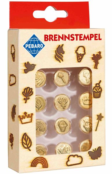 PEBARO 20700 - Brennstempel Cupcake, 12-teilig, Motive: Einhorn/Zauberstab/Elfe/Krone/Blume/Blatt, Cupcake/Eis/Regenbogen/Wolke/Vogel/Schmetterling, passend zum Pebaro-Brandkolben, Brandmalerei