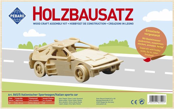 PEBARO 865/5 - Holzbausatz Italienischer Sportwagen, 67 Teile, Holzkonstruktion zum Zusammenstecken PEBARO 865/5 - Holzbausatz Italienischer Sportwagen, 67 Teile, Holzkonstruktion zum Zusammenstecken