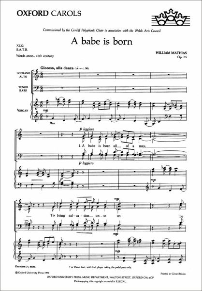 A babe is born op.55 for mixed chorus and organ score