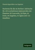 Nachweis für die im Berliner Jahrbuche für 1874 enthaltenen Ephemeriden der Planeten 58 Concordia, 59 Elpis, 62 Erato, 64 Angelina, 91 Ägina und 113 Amalthea