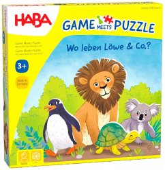 Cover HABA 2011724001 - Game Meets Puzzle, Wo Leben Löwe & Co.?, Würfelspiel & Puzzle, Kinderspiel