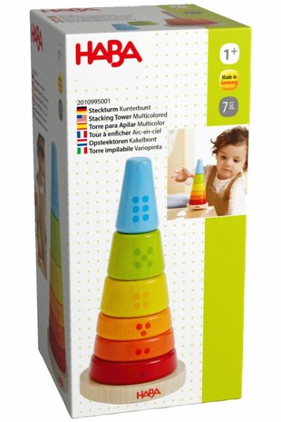 HABA 2010995001 - Steckturm Kunterbunt, Wackelturm, Holz, 7-teilig