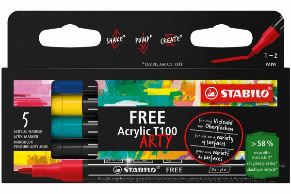 Acrylmarker - STABILO FREE Acrylic T100 - Strichbreite 1-2 mm - 5er Pack - ROYAL Acrylmarker - STABILO FREE Acrylic T100 - Strichbreite 1-2 mm - 5er Pack - ROYAL
