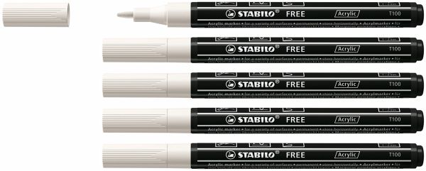 Acrylmarker, STABILO FREE Acrylic T100, Strichbreite 1-2 mm, 5er Pack, weiß Acrylmarker, STABILO FREE Acrylic T100, Strichbreite 1-2 mm, 5er Pack, weiß