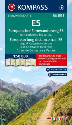 Cover KOMPASS Wander-Tourenkarte Europäischer Fernwanderweg E5 Alpenüberquerung vom Bodensee bis Verona 1:50.000