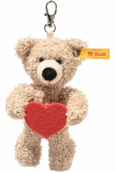 Steiff 112669 - Anhänger Fynn Teddybär Love, Teddy mit Herz, beige/rot, Plüsch-Schlüsselanhänger, 12 cm