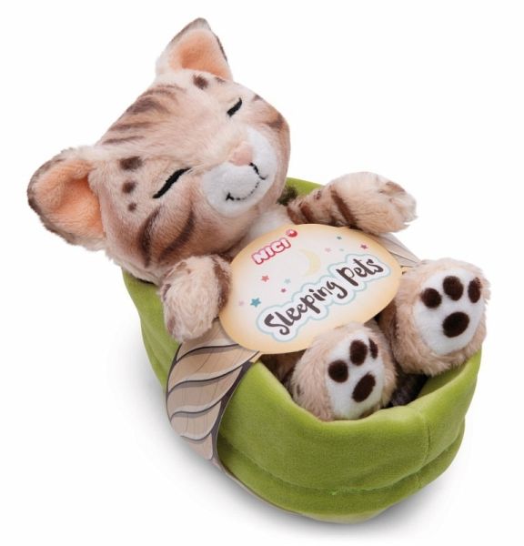 Nici 49747 - Sleeping Pets, Katze Bengal 12cm, schlafend im Körbchen (grün), Plüsch, GREEN