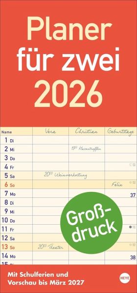 Großdruck Planer für zwei 2026 Großdruck Planer für zwei 2026
