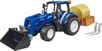 Bruder 02187 New Holland T5.120 mit Frontlader, Ladekasten, Gabeln + 1 Rundbal